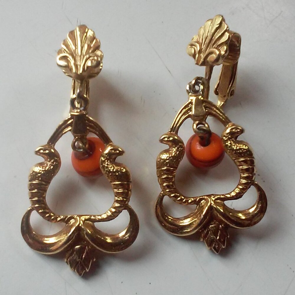 Gold Clip On Earrings With Orange Hanging Bead Hangs 1 3/4'